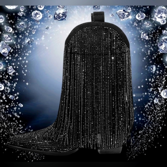 Black Rhinestone Fringe Boho Festival Western Boots - Picture 5 of 8